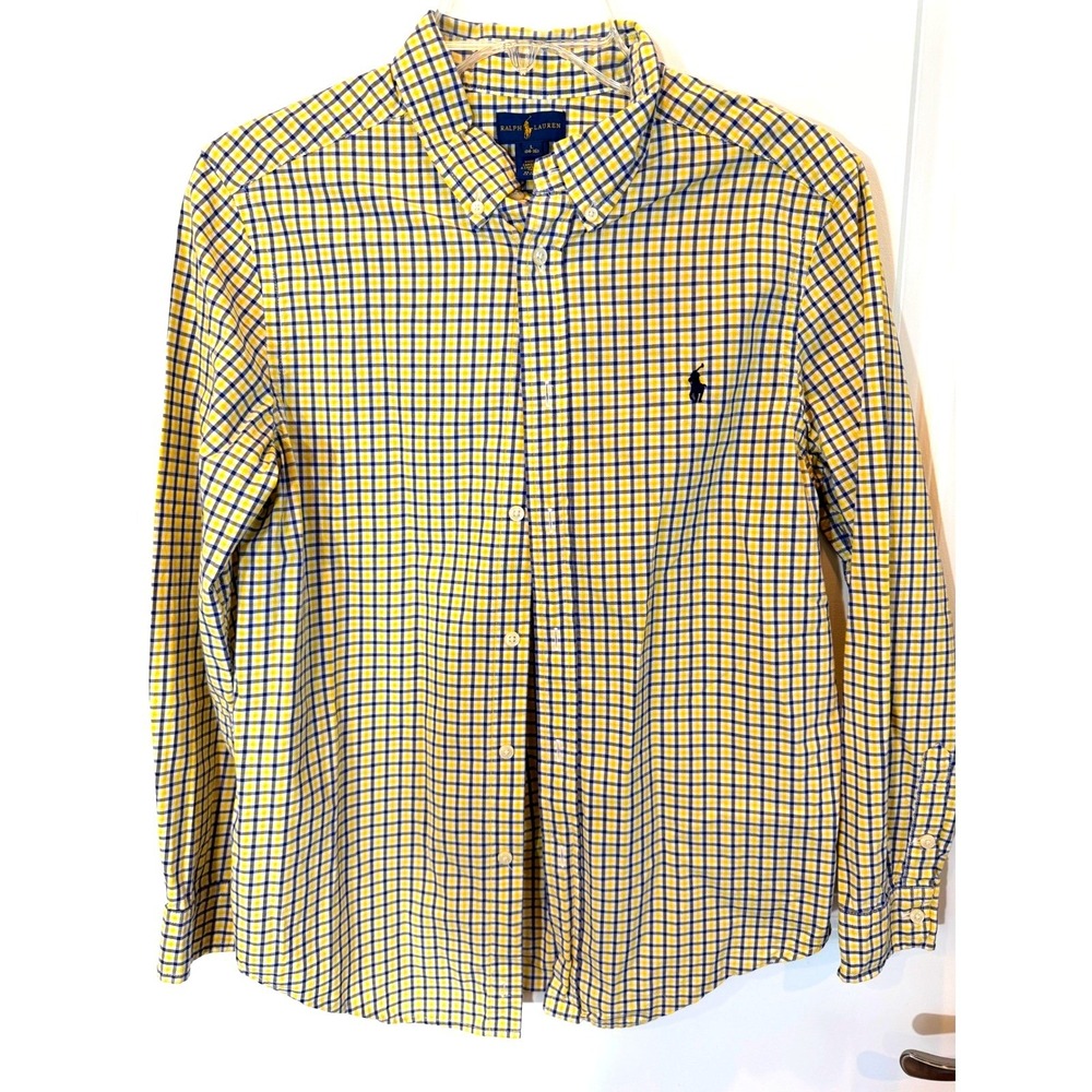 Ralph Lauren Boys Yellow Navy Blue Gingham Check Button Down Shirt Large 14-16